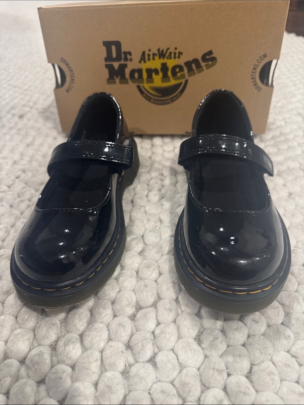 Dr. Martens Black Patent Mary Jane Kids Shoes with Yellow Stitching